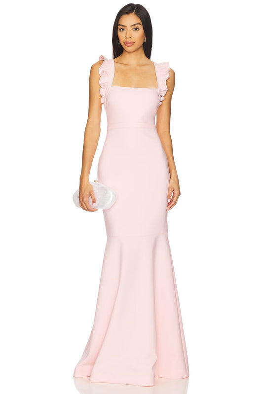 Romantic Blush Pink Square Neck Ruffle Strap Mermaid Prom Dress