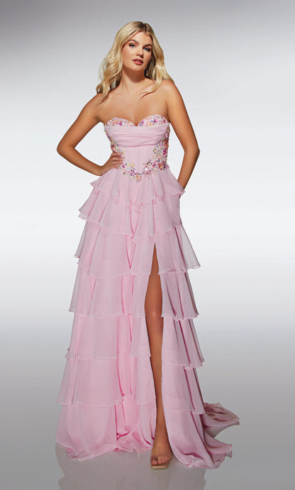 Romantic Blush Pink Strapless A-Line Gown with Floral Embellishments and Tiered Chiffon Skirt: Prom Dress