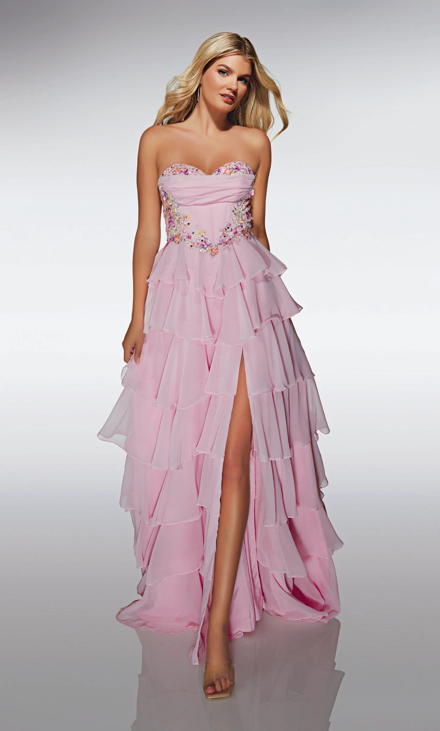 Romantic Blush Pink Strapless A-Line Gown with Floral Embellishments and Tiered Chiffon Skirt: Prom Dress