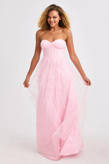 Romantic Blush Pink Strapless A-Line Gown with Swirl Lace Overlay: Prom Dress
