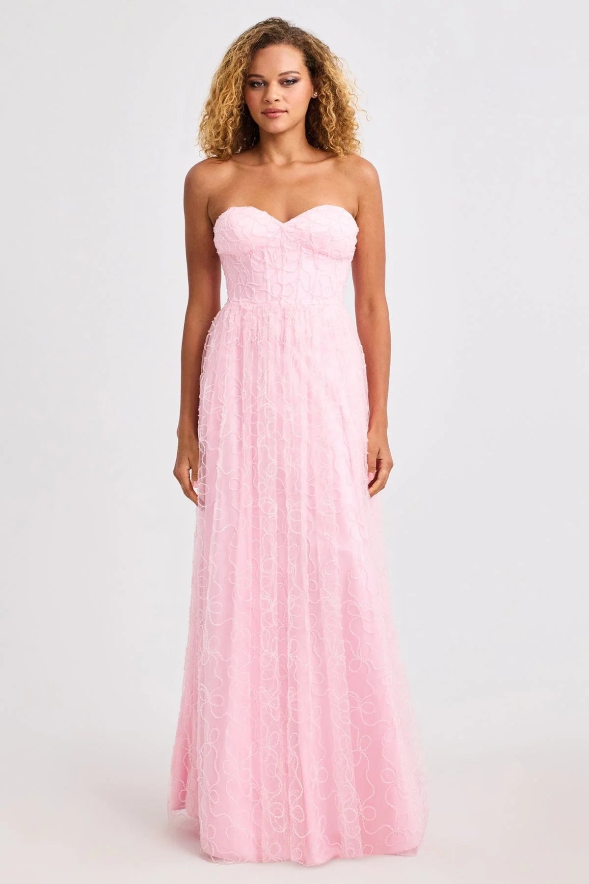 Romantic Blush Pink Strapless A-Line Gown with Swirl Lace Overlay: Prom Dress