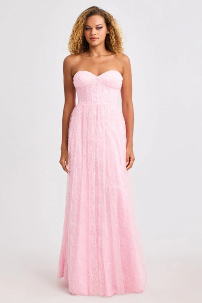 Romantic Blush Pink Strapless A-Line Gown with Swirl Lace Overlay: Prom Dress