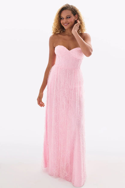 Romantic Blush Pink Strapless A-Line Gown with Swirl Lace Overlay: Prom Dress