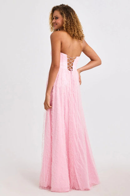 Romantic Blush Pink Strapless A-Line Gown with Swirl Lace Overlay: Prom Dress