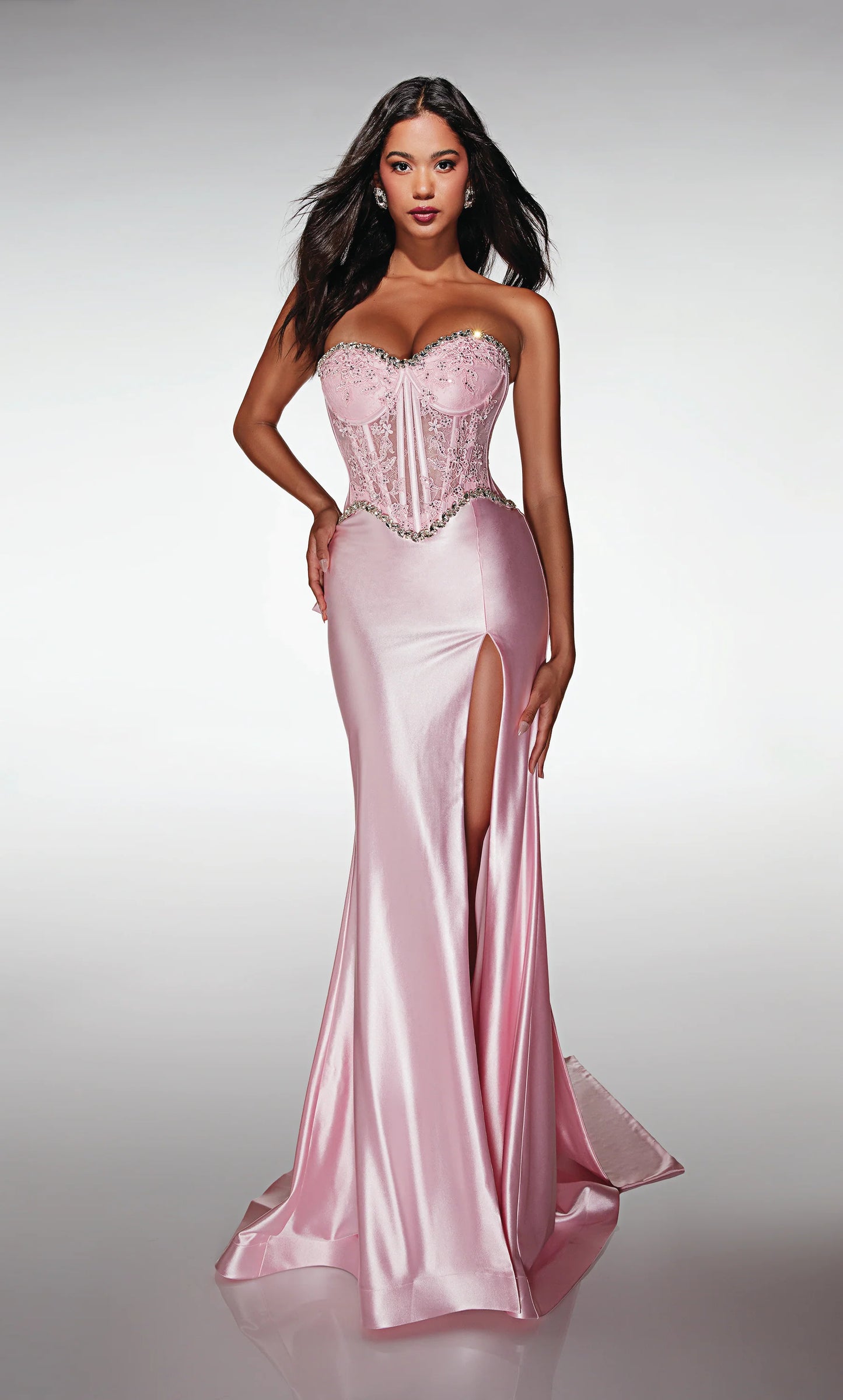 Romantic Blush Pink Strapless Mermaid Gown with Lace Corset and Detachable Bow Train: Prom Dress
