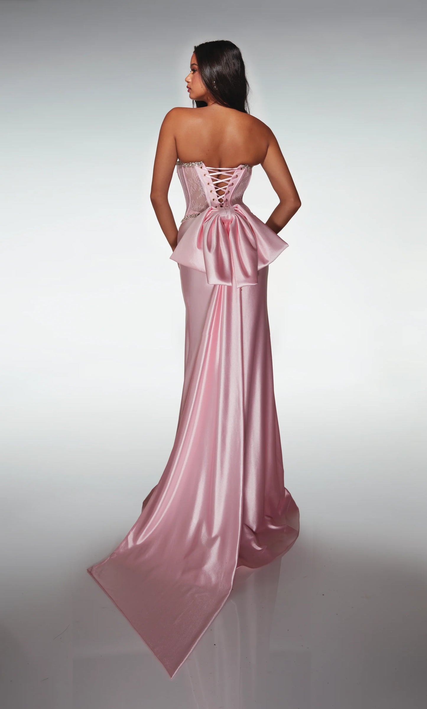 Romantic Blush Pink Strapless Mermaid Gown with Lace Corset and Detachable Bow Train: Prom Dress