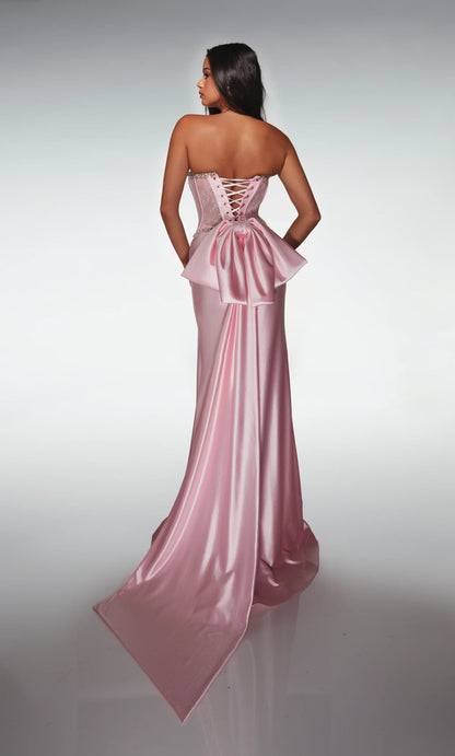 Romantic Blush Pink Strapless Mermaid Gown with Lace Corset and Detachable Bow Train: Prom Dress