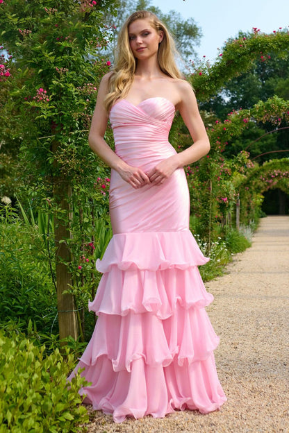 Romantic Blush Pink Strapless Mermaid Gown with Ruffled Tiered Skirt: Prom Dress