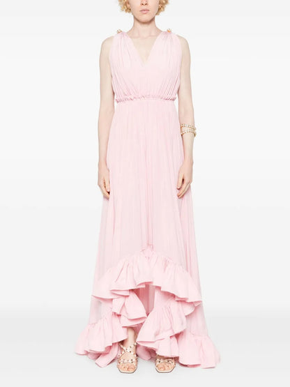 Romantic Blush Pink V-Neck Ruffled-Hem Maxi Dress