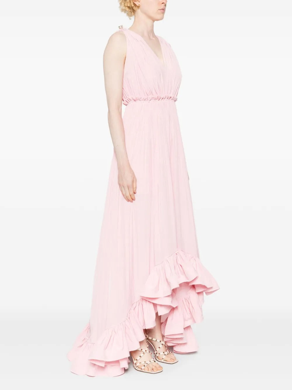 Romantic Blush Pink V-Neck Ruffled-Hem Maxi Dress