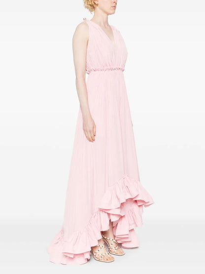 Romantic Blush Pink V-Neck Ruffled-Hem Maxi Dress