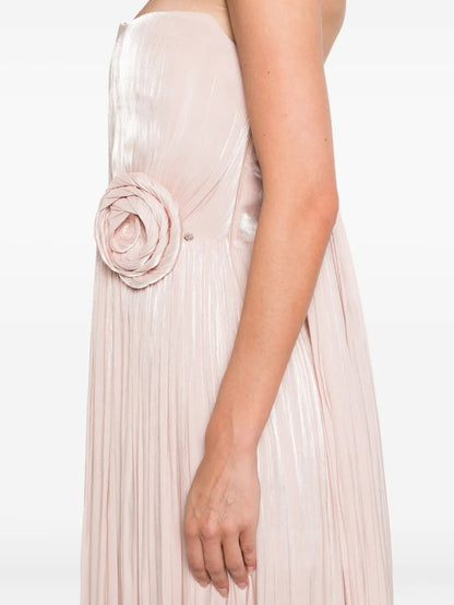 Romantic Blush Pleated Metallic Strapless 3D Floral Evening Dress