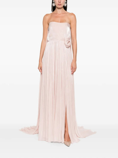 Romantic Blush Pleated Metallic Strapless 3D Floral Evening Dress