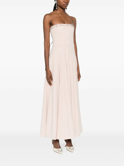 Romantic Blush Strapless Embellished Chiffon Maxi Dress