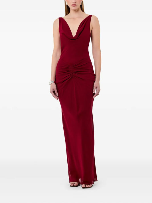 Romantic Burgundy Cowl-Neck Ruched Prom Dress