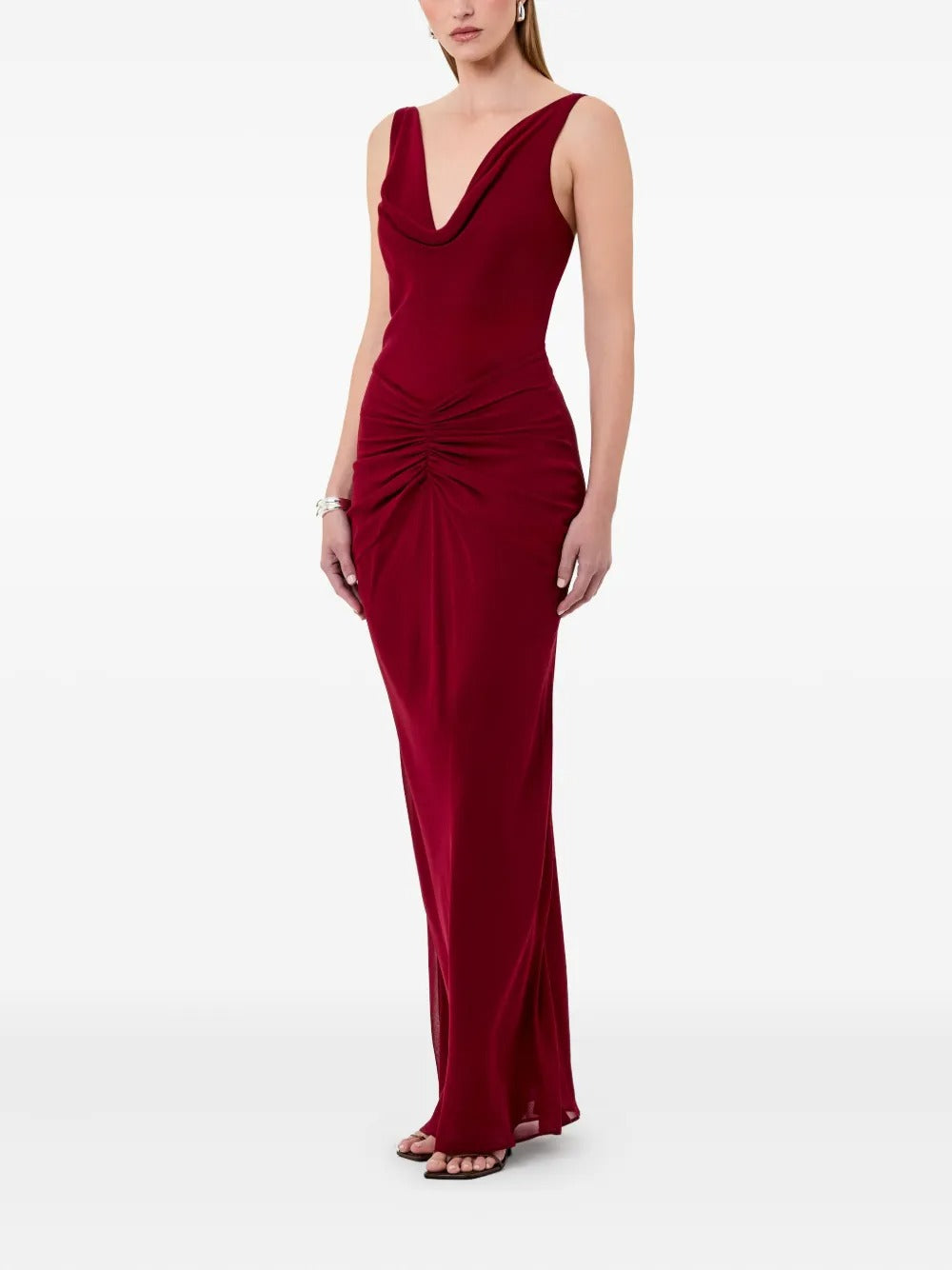 Romantic Burgundy Cowl-Neck Ruched Prom Dress