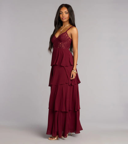 Romantic Burgundy Lace Bodice Spaghetti Strap Tiered Chiffon Prom Dress