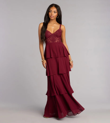 Romantic Burgundy Lace Bodice Spaghetti Strap Tiered Chiffon Prom Dress