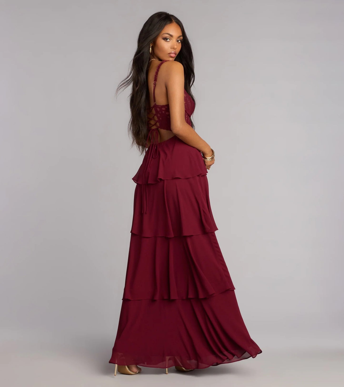 Romantic Burgundy Lace Bodice Spaghetti Strap Tiered Chiffon Prom Dress
