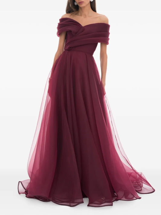 Romantic Burgundy Off-Shoulder Chiffon Prom Dress