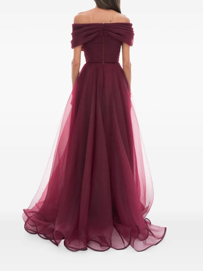 Romantic Burgundy Off-Shoulder Chiffon Prom Dress