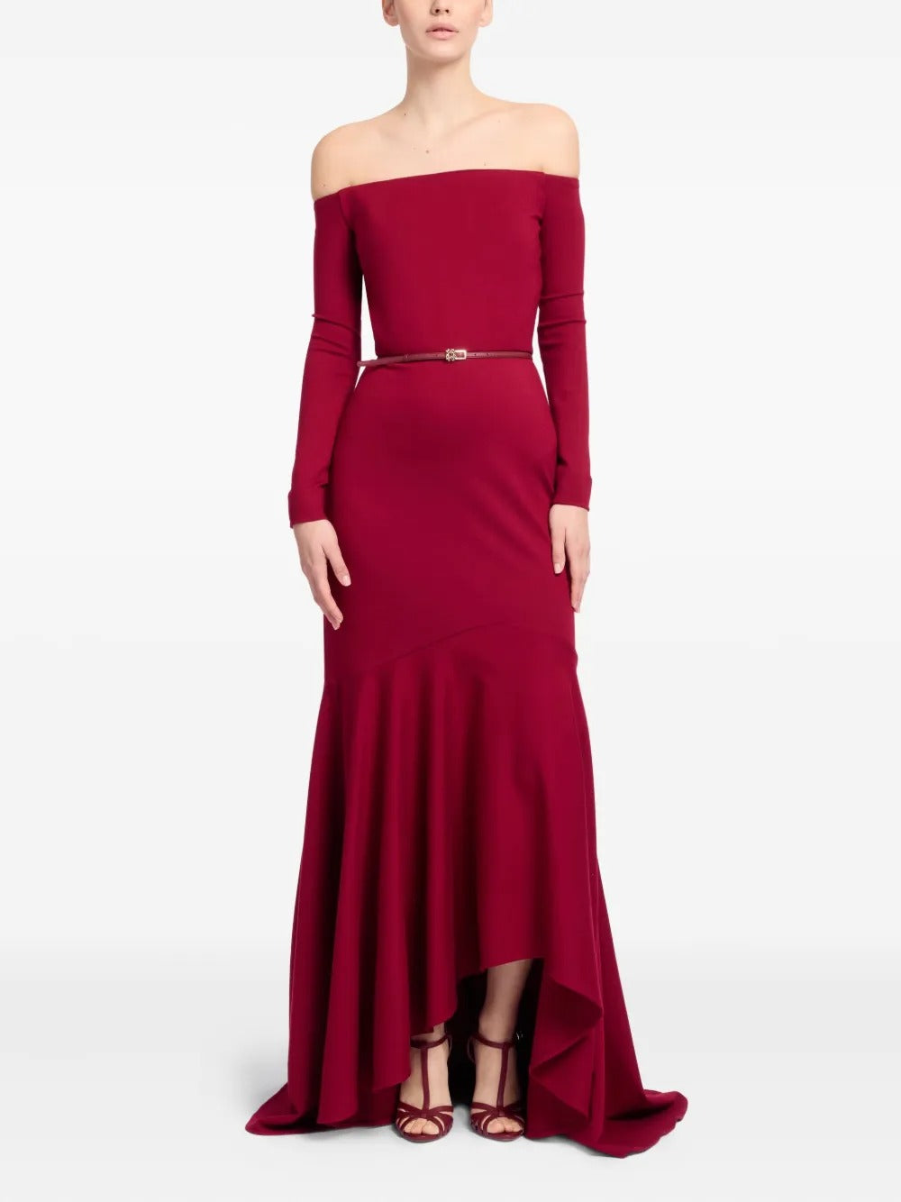 Romantic Burgundy Off-Shoulder Long-Sleeve Mermaid Prom Dress