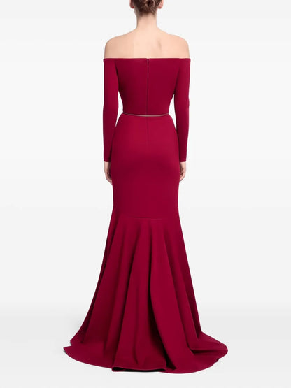Romantic Burgundy Off-Shoulder Long-Sleeve Mermaid Prom Dress