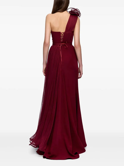 Romantic Burgundy One-Shoulder Pleated Prom Dress
