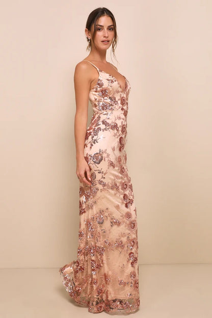 Romantic Champagne Pink Spaghetti Strap Mermaid Gown with Rose Gold Sequin Floral Embellishments, Prom Dress