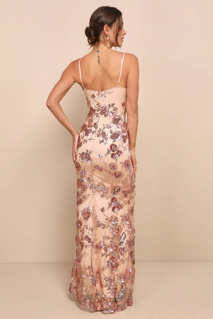 Romantic Champagne Pink Spaghetti Strap Mermaid Gown with Rose Gold Sequin Floral Embellishments, Prom Dress