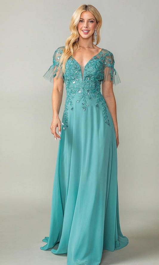 Romantic Chiffon Prom Dresses with Beaded Embroidery and Sheer Sleeves