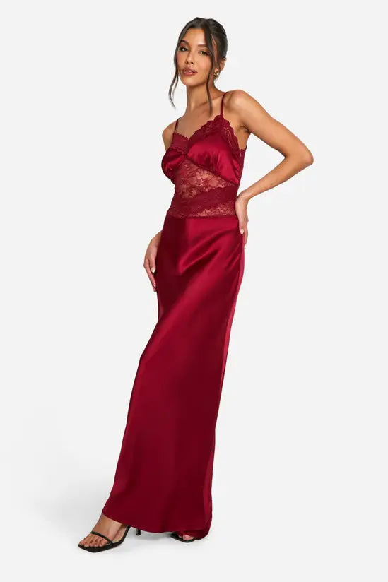 Romantic Deep Burgundy Satin Maxi Dress with Scalloped Lace Bodice and Spaghetti Straps, Prom Dress