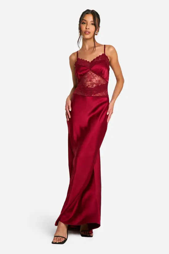 Romantic Deep Burgundy Satin Maxi Dress with Scalloped Lace Bodice and Spaghetti Straps, Prom Dress