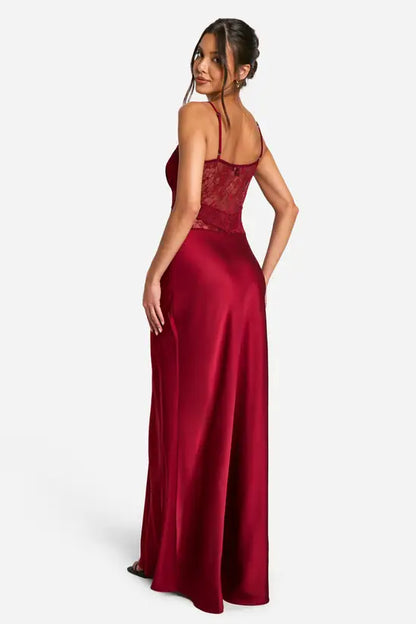Romantic Deep Burgundy Satin Maxi Dress with Scalloped Lace Bodice and Spaghetti Straps, Prom Dress