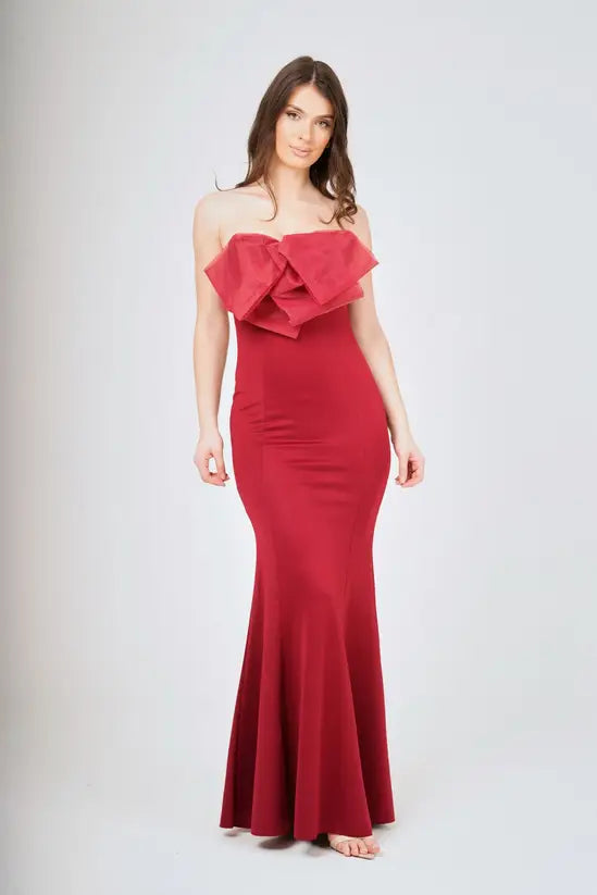 Romantic Deep Burgundy Strapless Mermaid Gown with Oversized Bow Detail, Prom Dress