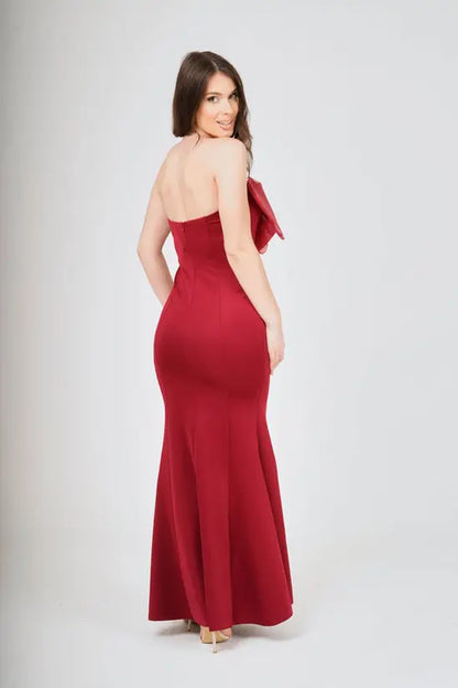 Romantic Deep Burgundy Strapless Mermaid Gown with Oversized Bow Detail, Prom Dress