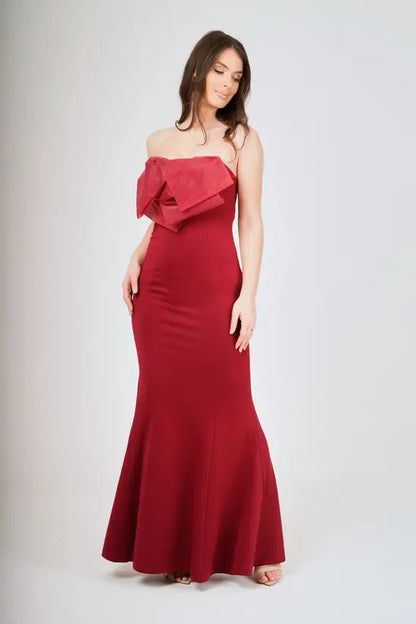 Romantic Deep Burgundy Strapless Mermaid Gown with Oversized Bow Detail, Prom Dress