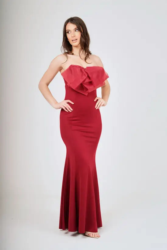 Romantic Deep Burgundy Strapless Mermaid Gown with Oversized Bow Detail, Prom Dress