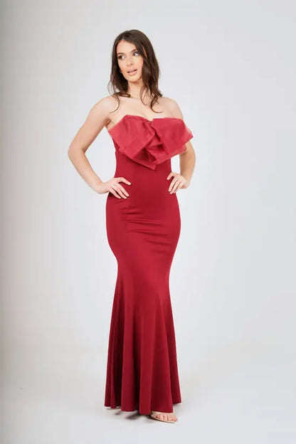 Romantic Deep Burgundy Strapless Mermaid Gown with Oversized Bow Detail, Prom Dress