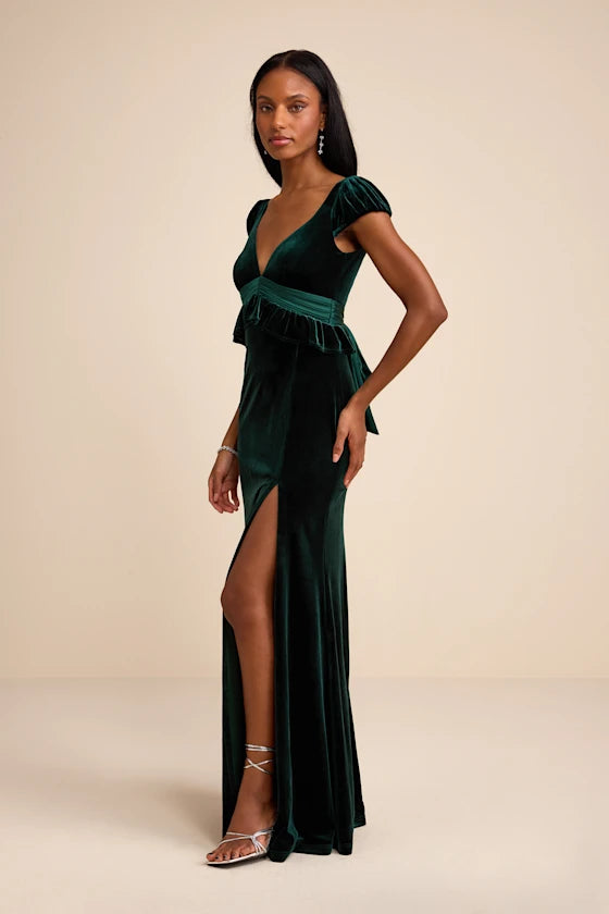 Romantic Emerald Green Velvet Open Back Maxi Dress with Flutter Sleeves: Prom Dress