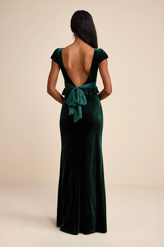 Romantic Emerald Green Velvet Open Back Maxi Dress with Flutter Sleeves: Prom Dress