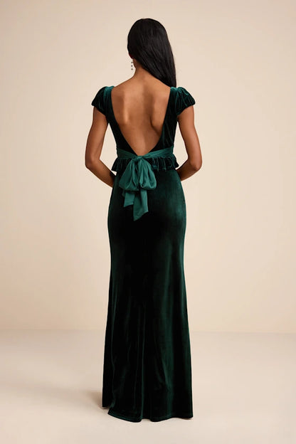 Romantic Emerald Green Velvet Open Back Maxi Dress with Flutter Sleeves: Prom Dress