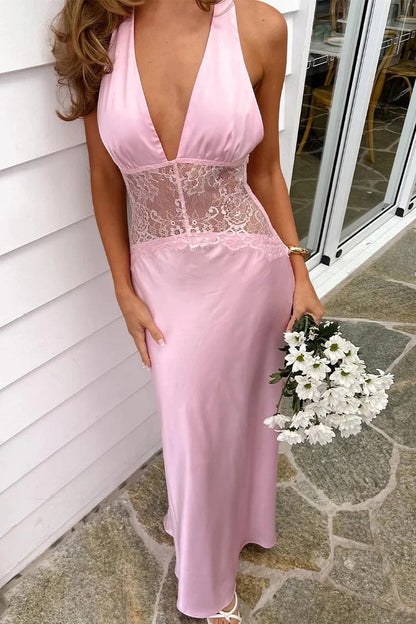 Romantic Halter V-Neck Sleeveless Lace-Waist Open-Back Maxi Prom Dress