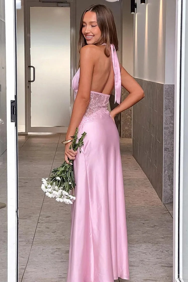 Romantic Halter V-Neck Sleeveless Lace-Waist Open-Back Maxi Prom Dress