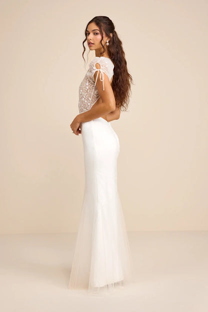 Romantic Lace Cap Sleeve Open Back Mermaid Prom Dress