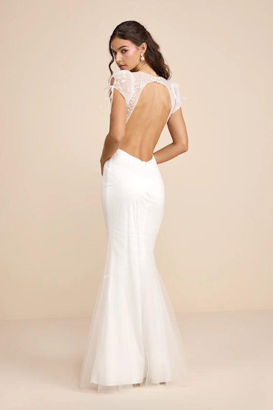Romantic Lace Cap Sleeve Open Back Mermaid Prom Dress