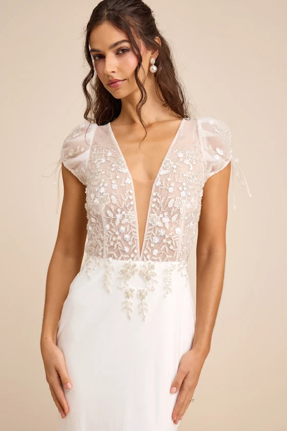 Romantic Lace Cap Sleeve Open Back Mermaid Prom Dress