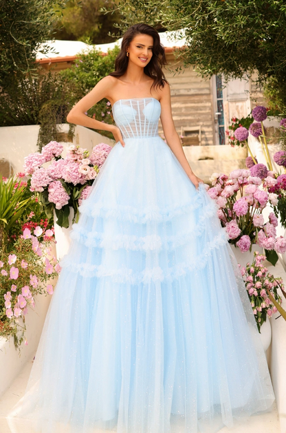 Romantic Light-Blue Ballgown Bandeau Sleeveless Open-Back Floor-Length Tiered-Tulle Prom Dress