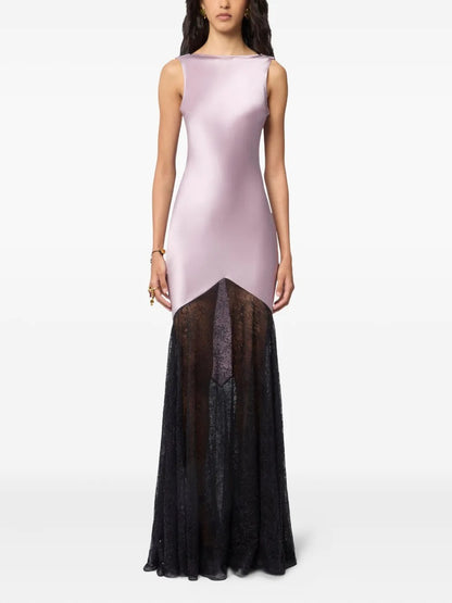 Romantic Lilac Satin & Black Lace Prom Dress