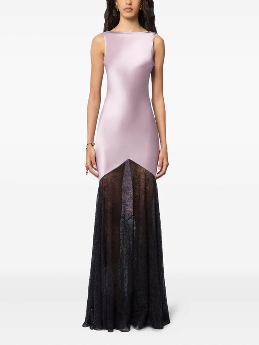 Romantic Lilac Satin & Black Lace Prom Dress